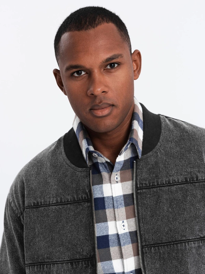 Men's denim bomber jacket with stone wash effect - black V2 OM-JADJ-0163