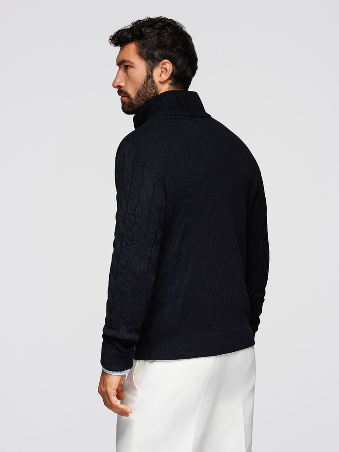 Men's plaid sweater with turtleneck zipper - black V2 OM-SWZS-0138