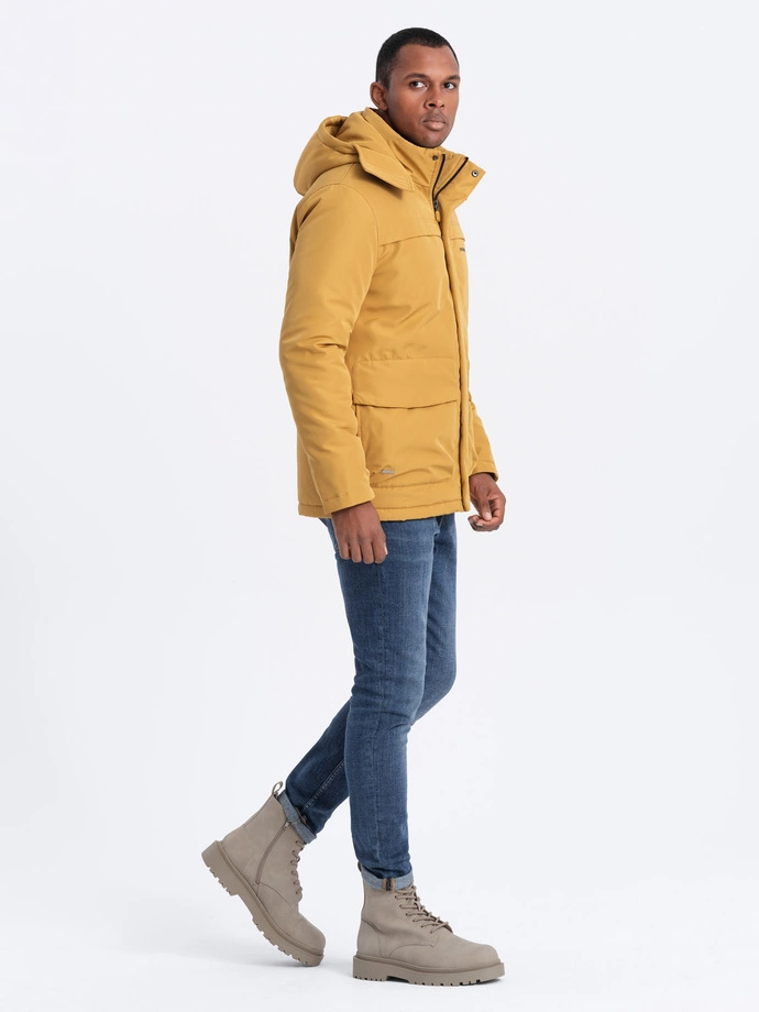 Men's insulated jacket with hood - mustard V2 OM-JAHP-0128