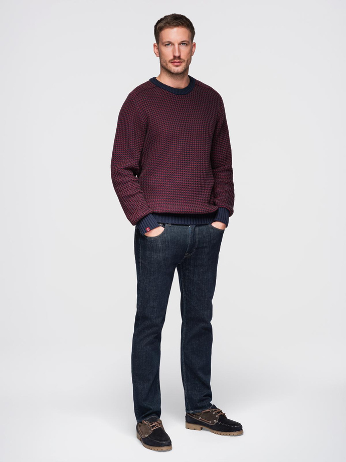 Men's contrast weave sweater with round neckline - maroon V1 OM-SWSW-0122