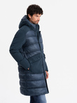 Men's quilted long jacket with large pockets - navy blue V4 OM-JALJ-0165