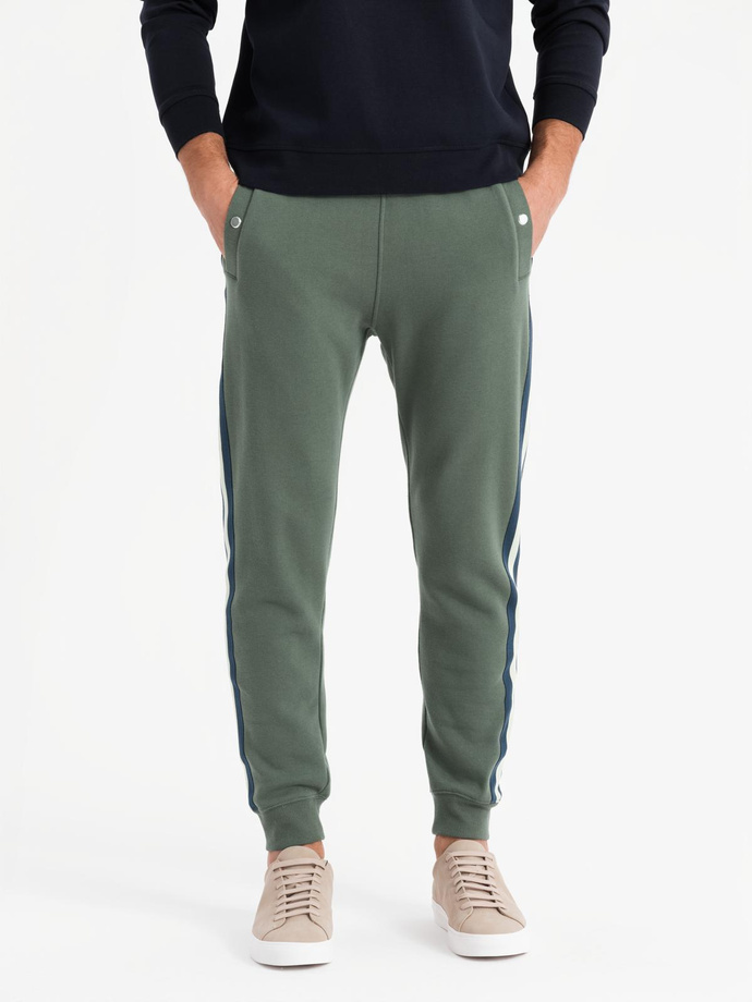 Men's sweatpants with piping and leg ribbing - olive V2 OM-PASK-0258