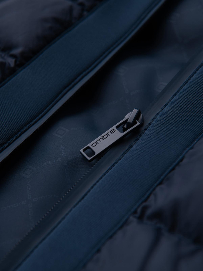 Prešívaná bunda bomber s kapucňou a pletenými rukávmi - tmavomodrá V2 OM-JALP-0298