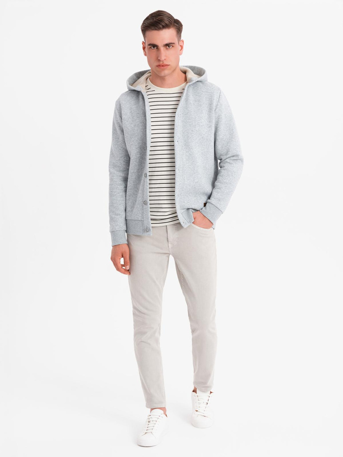 Men's button-down hooded sweatshirt - grey melange V2 OM-SSZP-0186