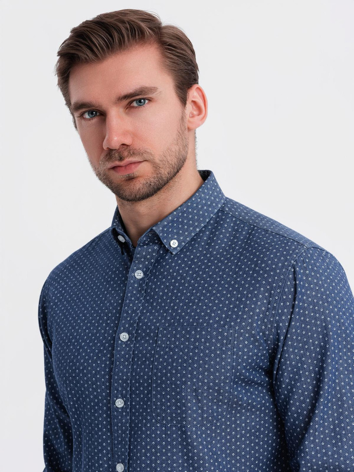 Men's patterned thin denim shirt with pocket - blue V2 OM-SHDS-0179
