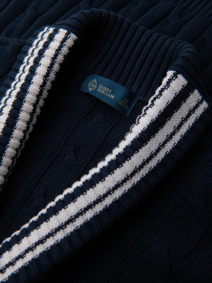 Pulover cardigan pentru bărbați cu guler șal în stil preppy - albastru marin V4 OM-SWCD-0152