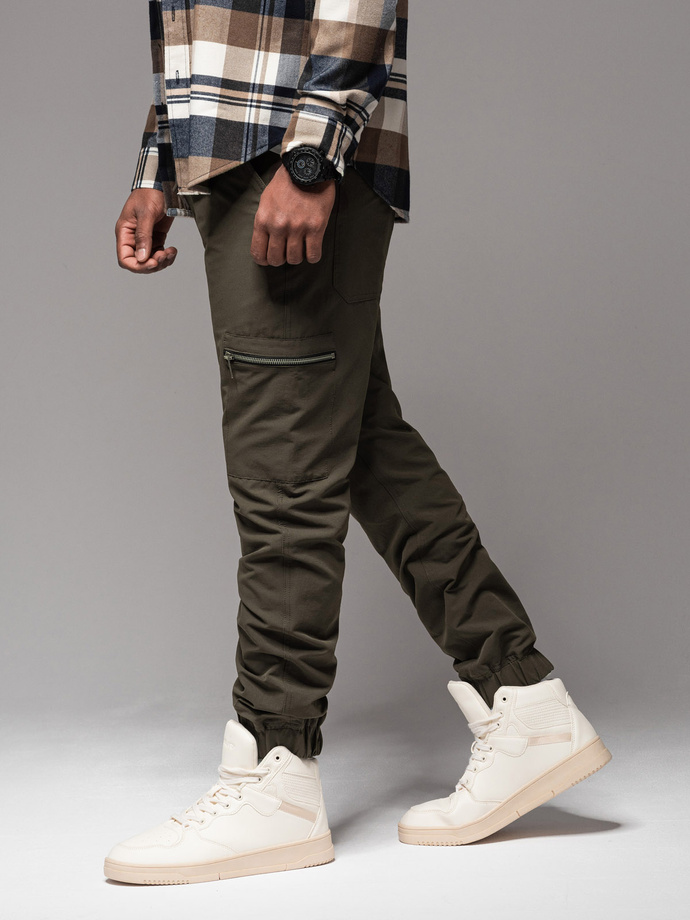 Men's jogger pants with cargo pockets and print - dark olive green V5 OM-PAJO-0200