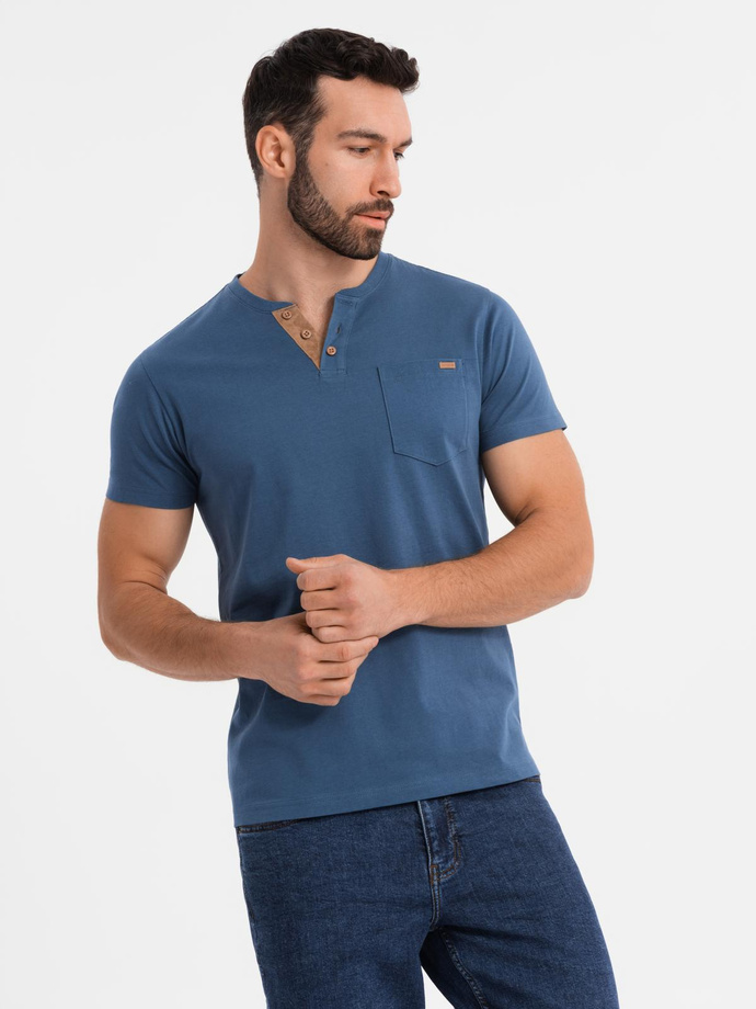 Men's T-shirt with button neckline and suede trim - dark blue V2 OM-TSCT-0206