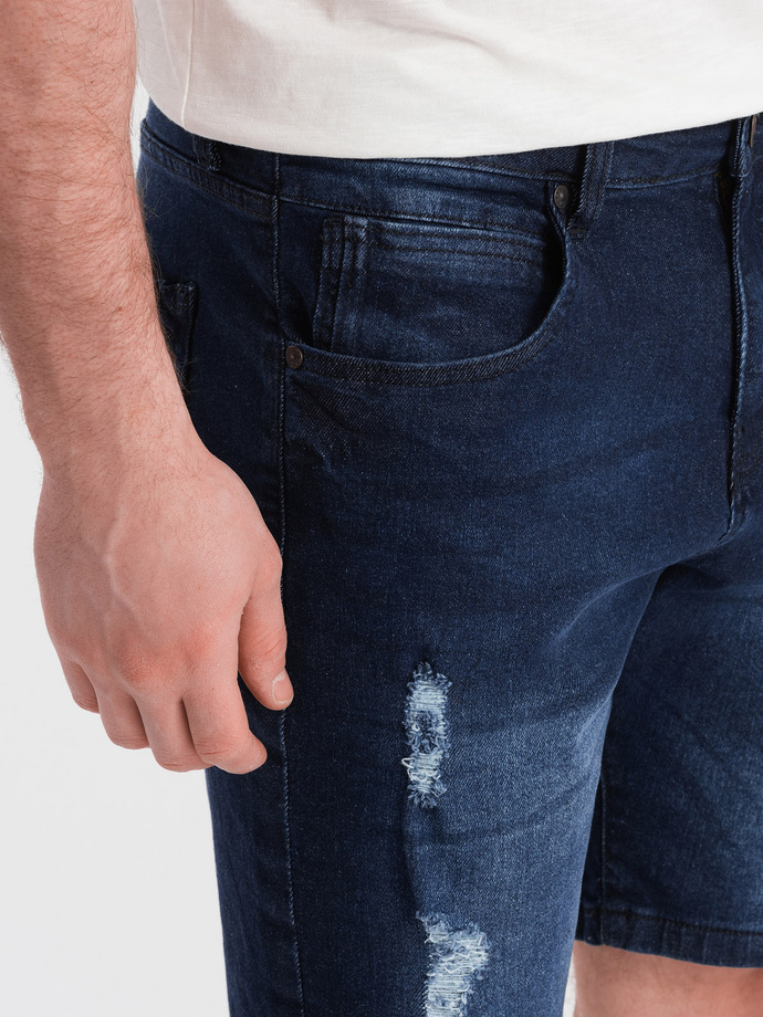 Men's denim short shorts with holes - dark blue V3 OM-SRDS-0146