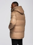 Men's long puffer jacket with snap pockets - brown V2 OM-JALJ-0186