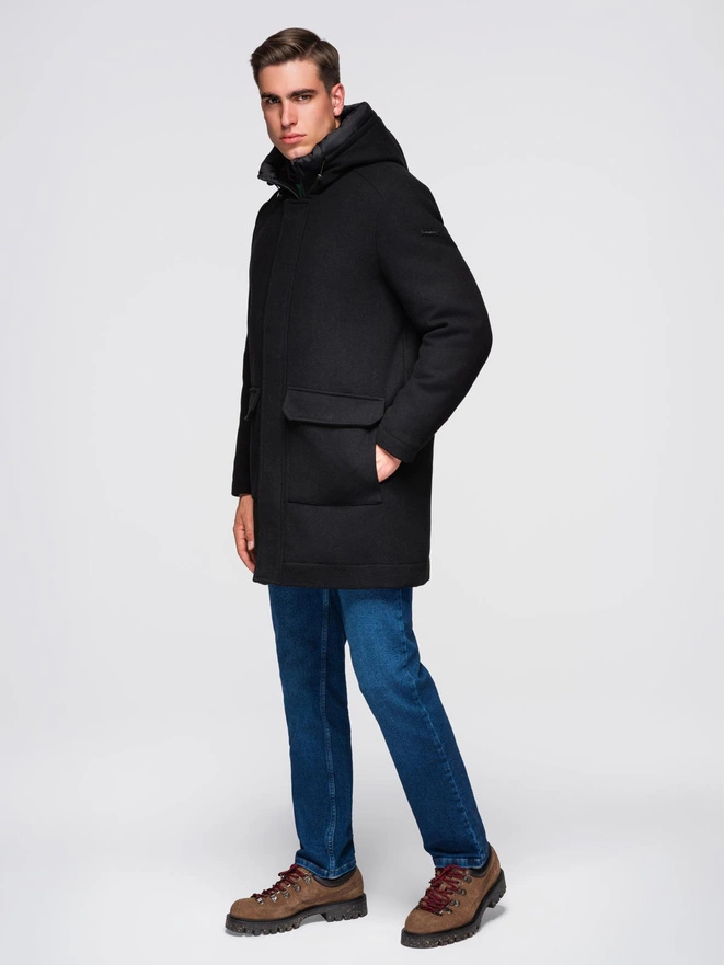 Men's insulated coat with hood and concealed zipper - black V1 OM-COWC-0110