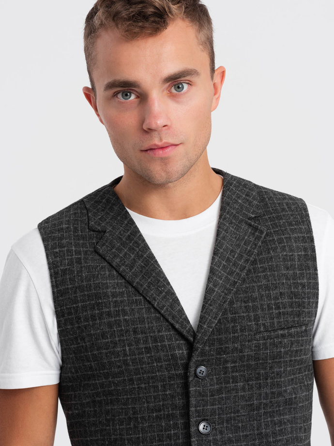 Men's wool blend vest with checkered lapels - graphite V1 OM-BLZV-0110