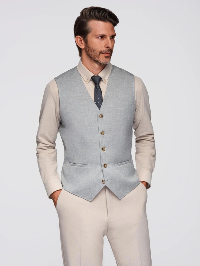 Jilet de costum jacquard pentru bărbați fără rever - gri deschis V1 OM-BLZV-0106