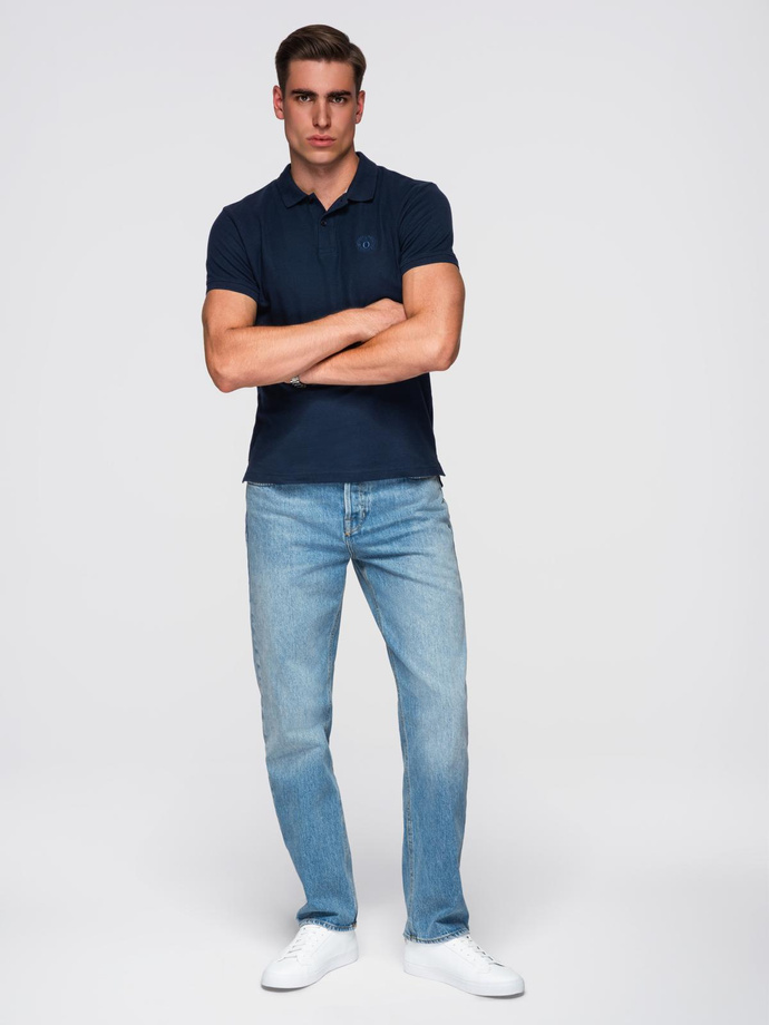 BASIC men's single color pique knit polo shirt - navy blue V2 OM-POBS-0100