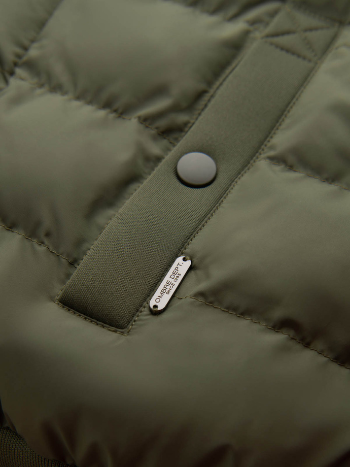 Pánska prešívaná bunda bomber s vysokým golierom - tmavo olivovo zelená V3 OM-JALP-0140