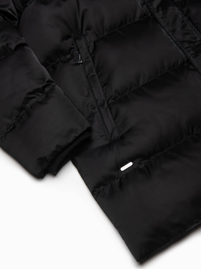 Długa zimowa kurtka męska pikowana o satynowym wykończeniu - czarna V3 OM-JALJ-0147