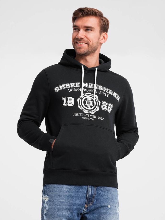 Men's kangaroo hoodie with college style print - black V3 OM-SSPS-0143
