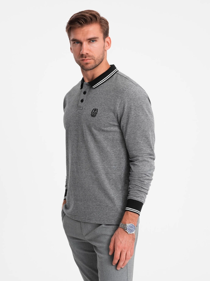 Men's melange polo longsleeve with embroidery - black melange V1 OM-POLS-0129