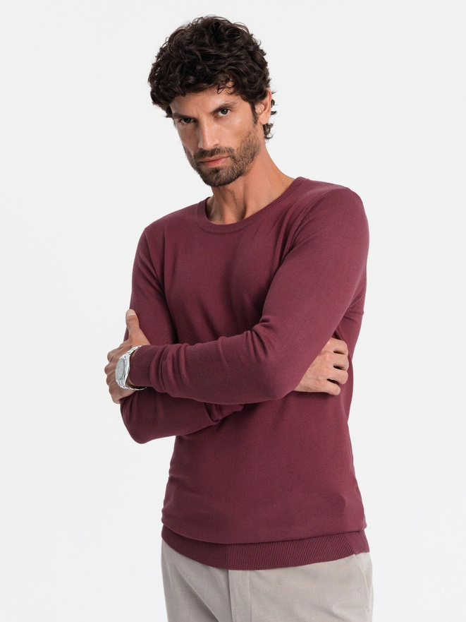 BASIC men's viscose classic sweater with round neckline - maroon V11 OM-SWBS-0106