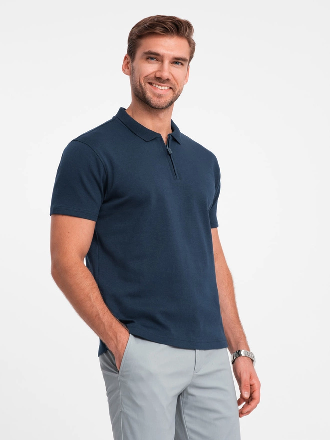 Tricou polo pentru bărbați cu guler cu fermoar - albastru marin V7 OM-POSS-0132