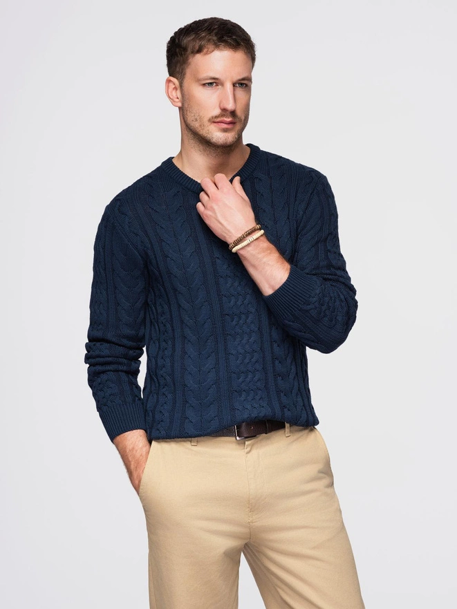 Men's elegant sweater with interesting weave - navy blue V5 OM-SWSW-0173