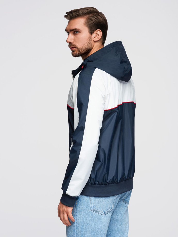 Men's contrast windbreaker jacket with hood - navy blue and white V1 OM-JANP-0228