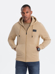 Men's unbuttoned sweatshirt with hood and patch - sand V2 OM-SSZP-0140