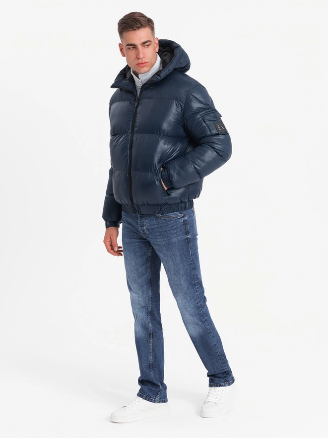 Warm men's puffer jacket with welts - navy blue V2 OM-JAHP-0207