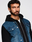 Jachetă din denim pentru bărbați cu mâneci tricotate și glugă - albastru și negru V2 OM-JADJ-0220