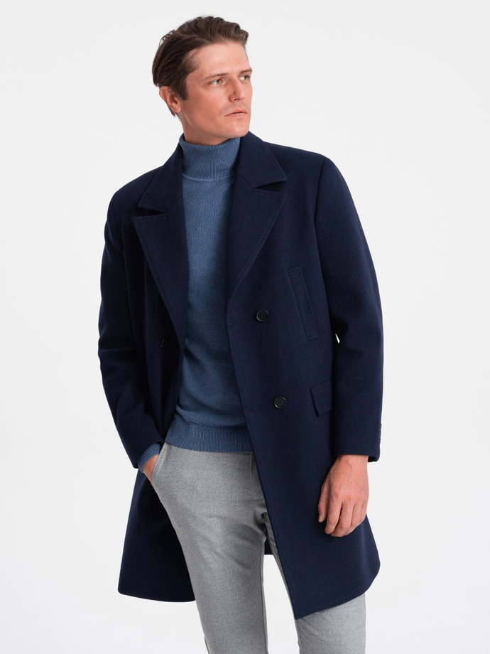 Men's double-breasted lined coat - navy blue V3 OM-COWC-0107