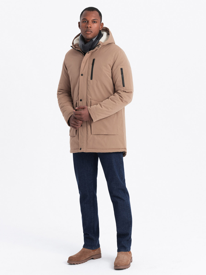 Men's long parka sherpa jacket - beige V1 OM-JALJ-0181