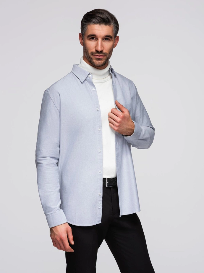 Elegant men's oxford shirt with embroidery - blue V1 OM-SHOS-0172