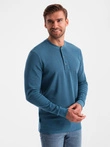Pánský vaflový úplet s dlouhým rukávem a zapínáním u krku - modrý denim V4 OM-LSCL-0120