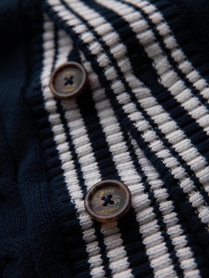 Pánsky sveter so šálovým golierom v preppy štýle - tmavomodrý V4 OM-SWCD-0152