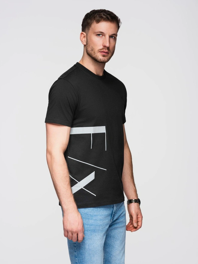 Men's cotton jersey T-shirt with large side lettering - black V1 OM-TSPT-0213