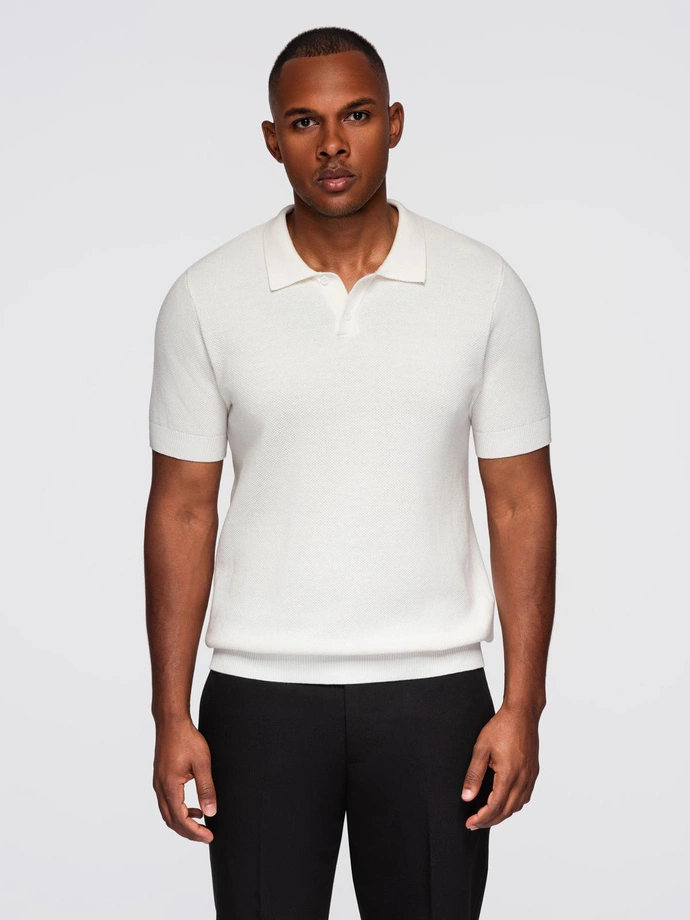 Men's cotton structured knit polo shirt - broken white V4 OM-POSS-0117