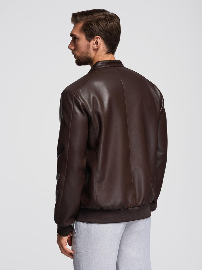 Men's imitation leather jacket with ribbed hem - dark brown V1 OM-JAFL-0109