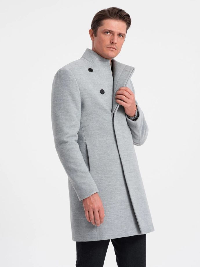 Men's coat with asymmetrical fastening - grey melange V1 OM