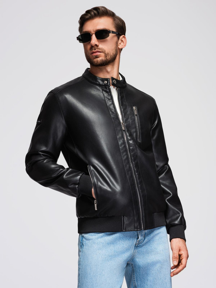 Men's faux leather jacket with ribbed bottom hem - black V2 OM-JAFL-0109