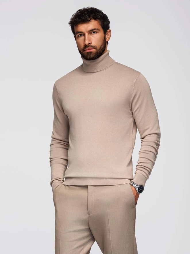 Men's knitted fitted turtleneck with viscose - beige V5 OM-SWTN-0101