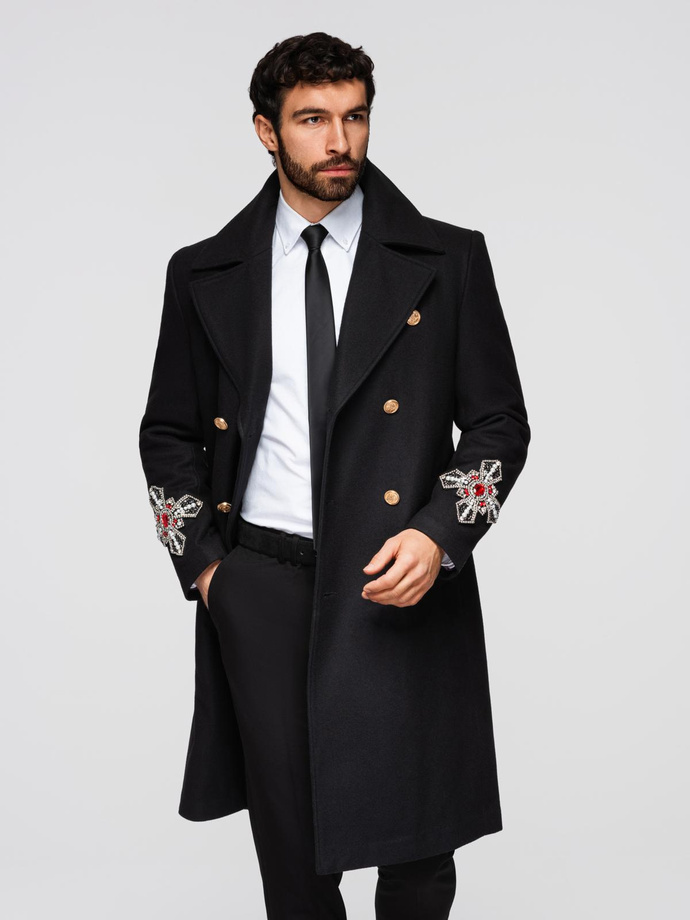 Palton lung bărbătesc cu guler și strat inferior - maro V4 OM-COWC-0135