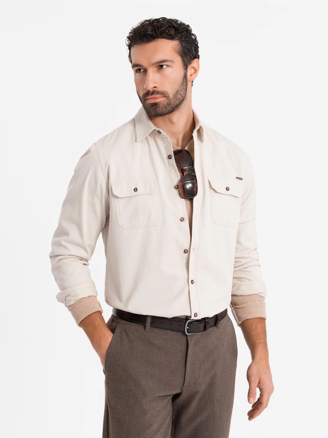 Men's REGULAR FIT cotton shirt with buttoned pockets - cream V1 OM-SHCS-0146