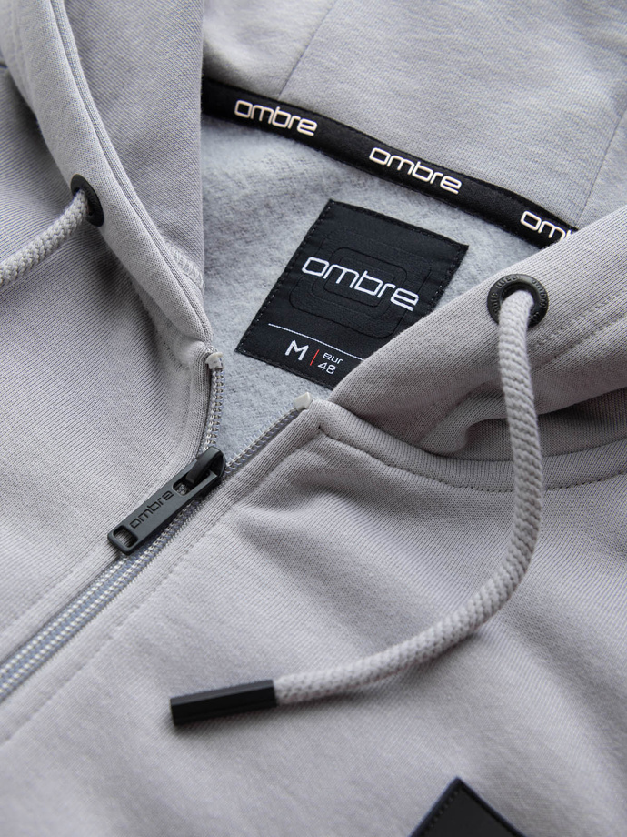 Men's unbuttoned sweatshirt with hood and patch - grey V1 OM-SSZP-0140