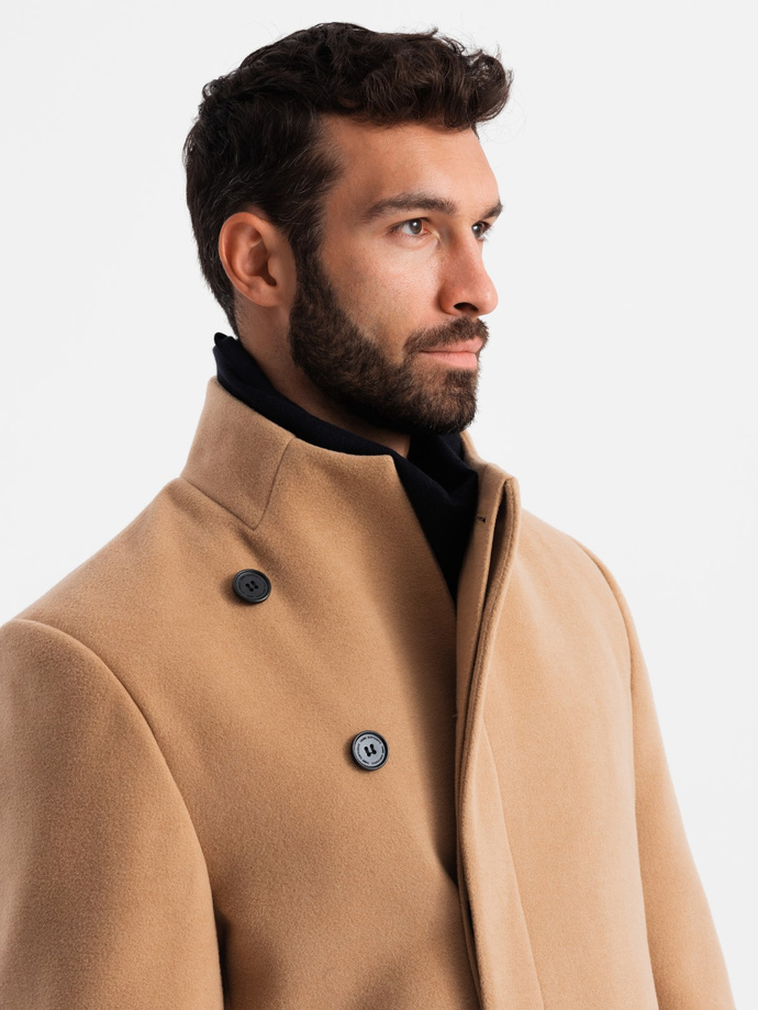 Men's coat with asymmetrical fastening and high collar - light brown V4 OM-COWC-0120