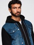 Jachetă din denim pentru bărbați cu mâneci tricotate și glugă - albastru și negru V2 OM-JADJ-0220