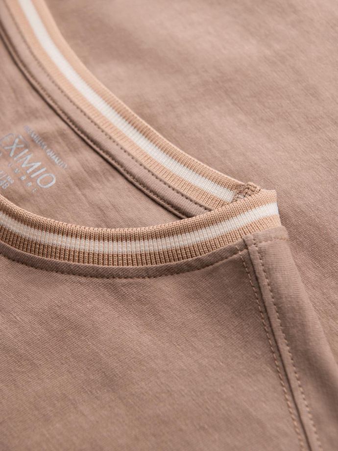 Men's cotton longsleeve with striped U neckline and embroidery - brown V6 OM-LSCL-0128