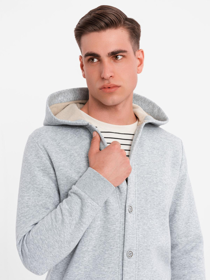Men's button-down hooded sweatshirt - grey melange V2 OM-SSZP-0186