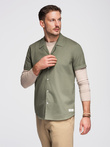 Men's short sleeve shirt with Cuban collar - khaki V4 OM-SHSS-0168