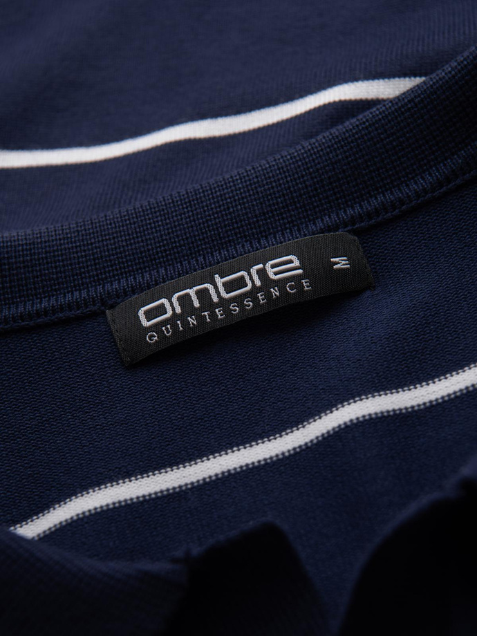 Pánska polokošeľa s dlhým rukávom a vodorovným pruhom z viskózy - tmavomodrá a biela V1 OM-POLS-0146