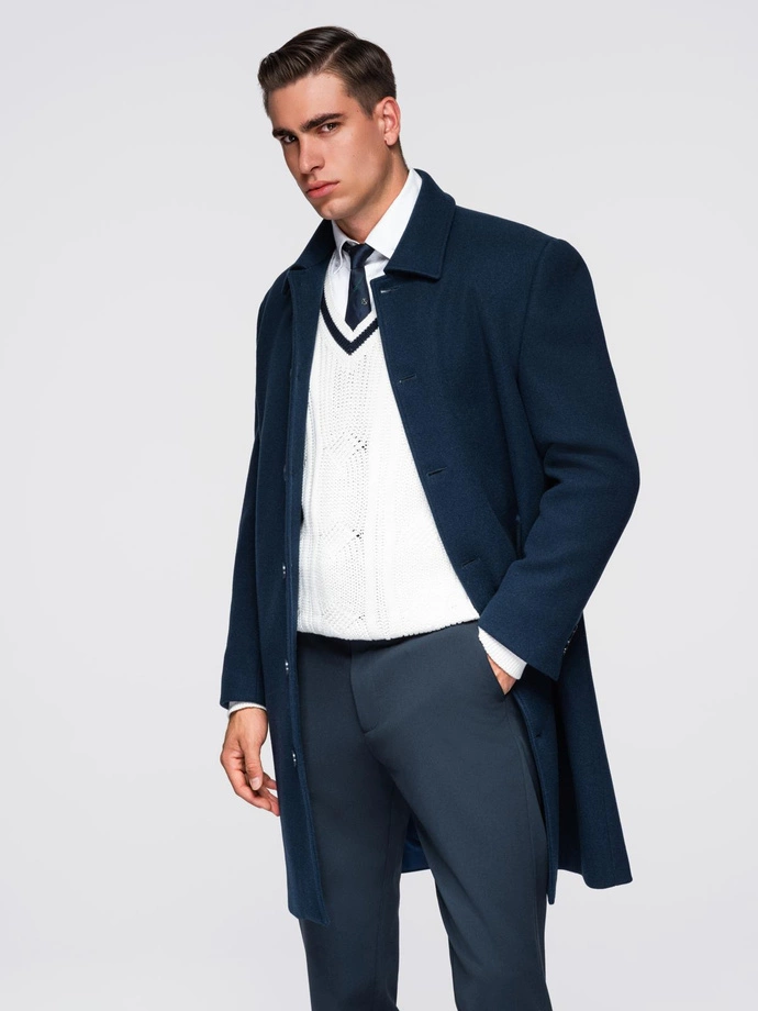 Long men's single-breasted coat with collar and undercoat - navy blue V3 OM-COWC-0135